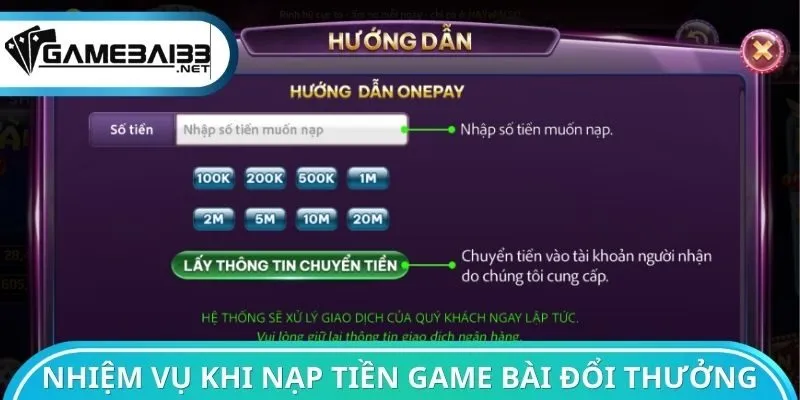 Nhiệm vụ khi nạp tiền Game bài đổi thưởng